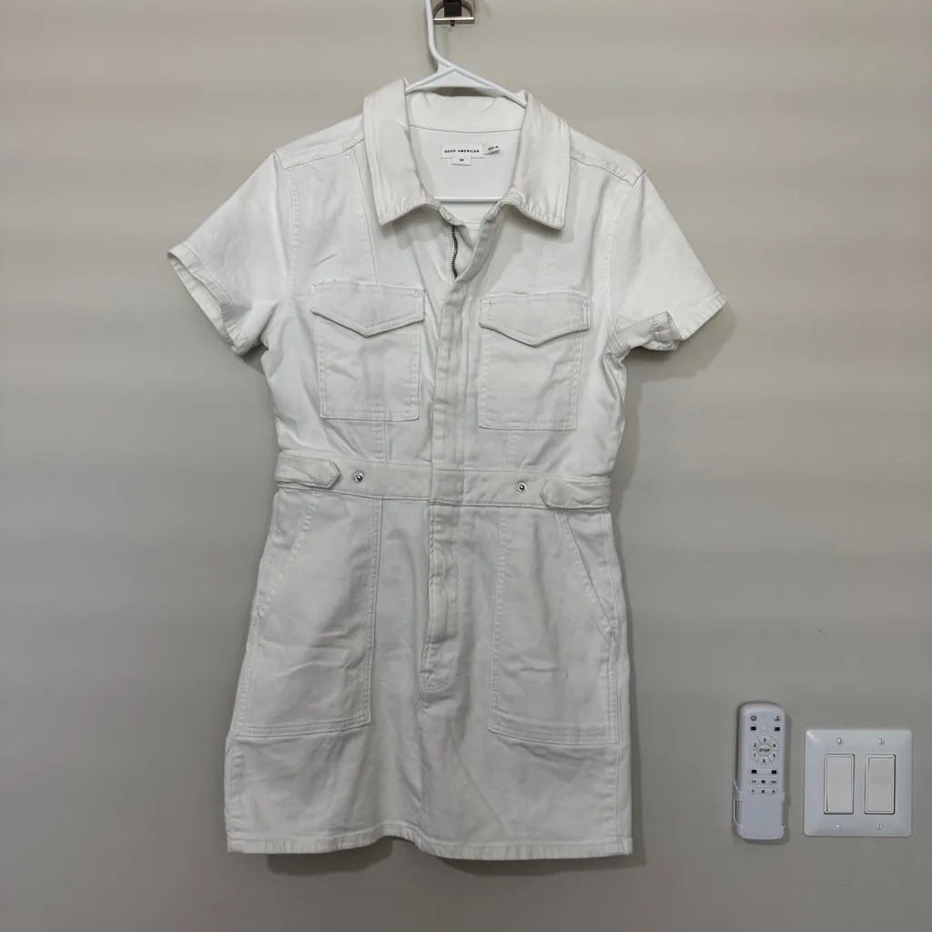 GOOD AMERICAN Fit for Success Denim Utility Dress Denim in Wash White Size M - Image 2