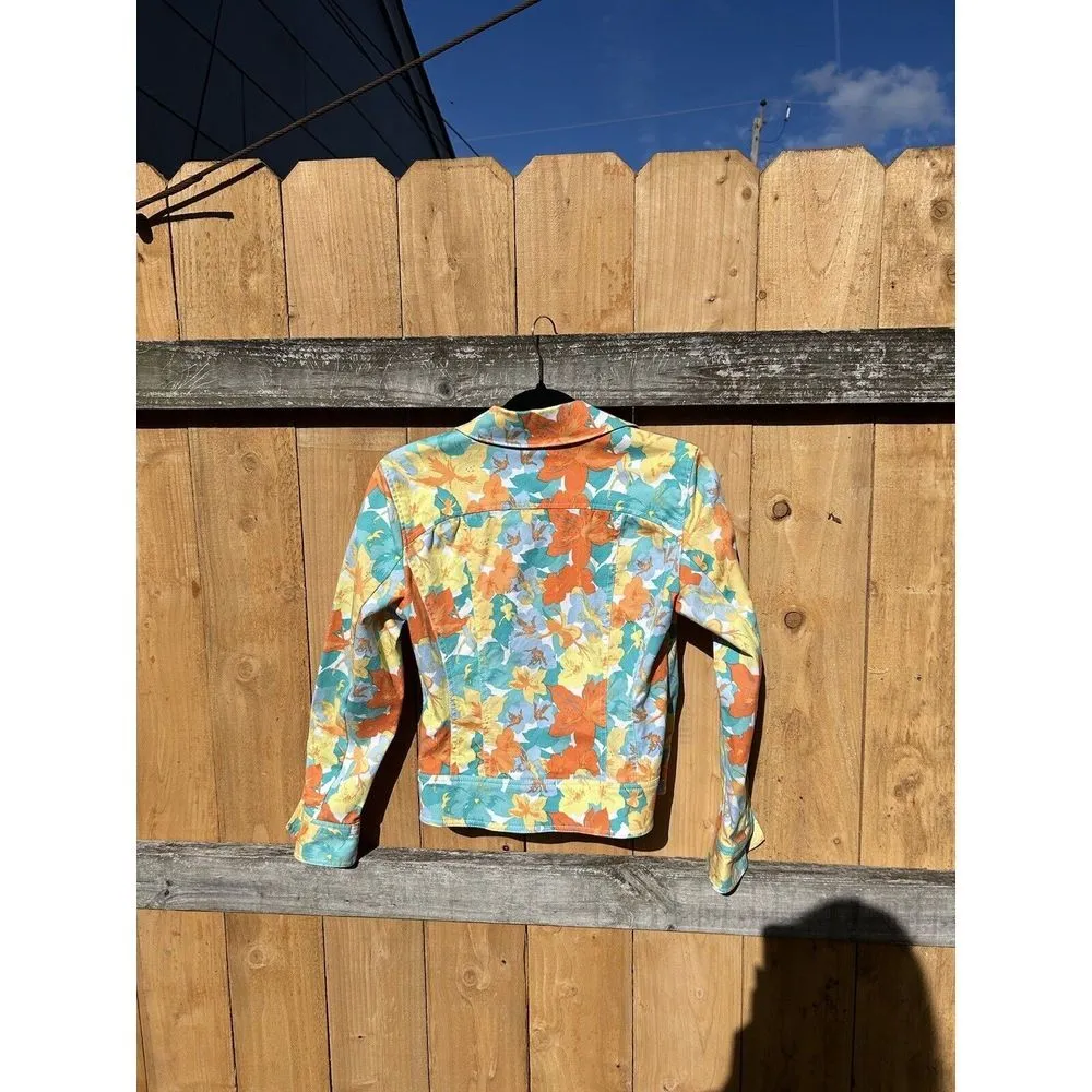 Nicole Miller Womens Floral Long Sleeve Cotton Denim Jacket 6 Orange Blue Button - Image 6