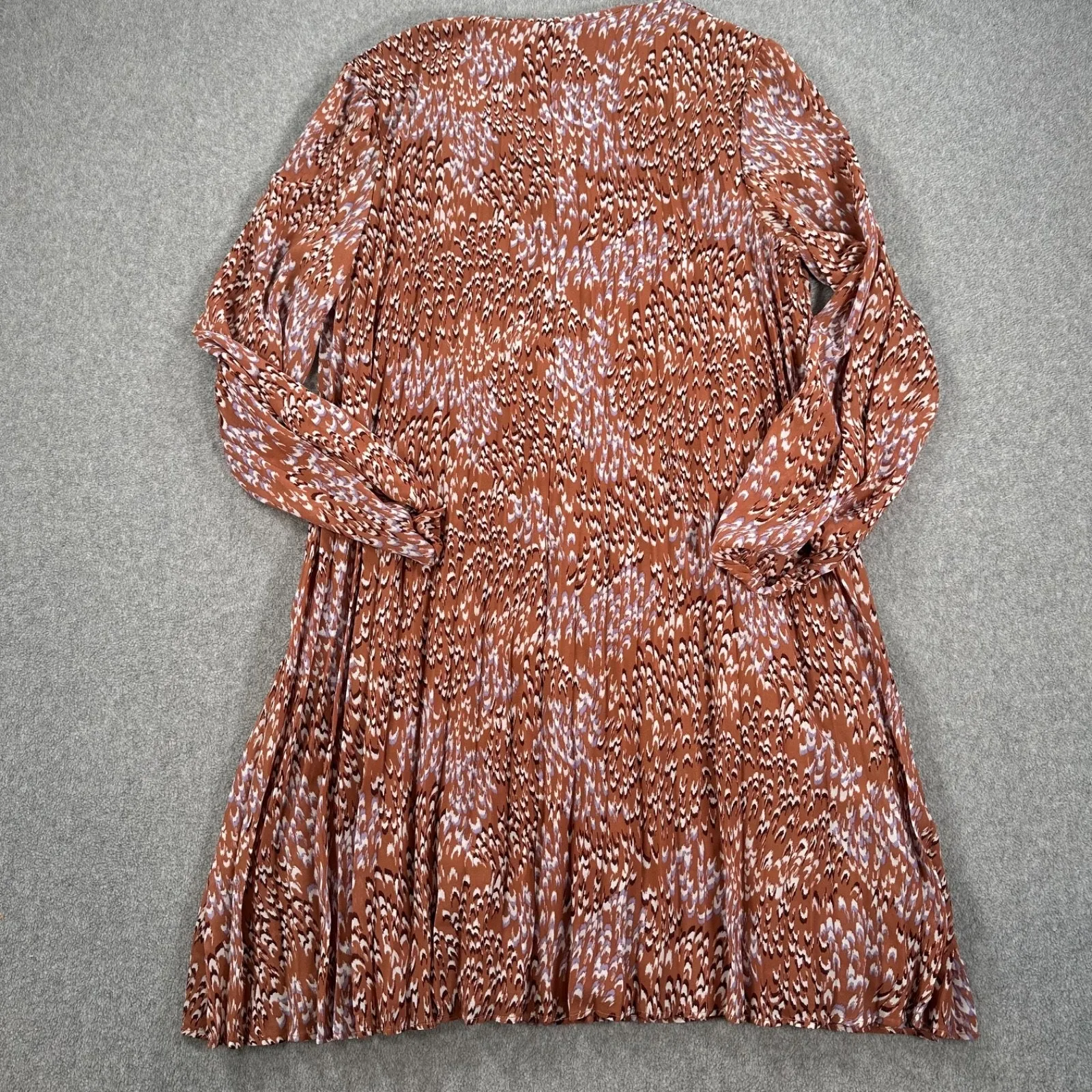 Nine West Pleated V-Neck Shirt Dress Women's Large Collared Brown Sheer Sleeves - Image 8