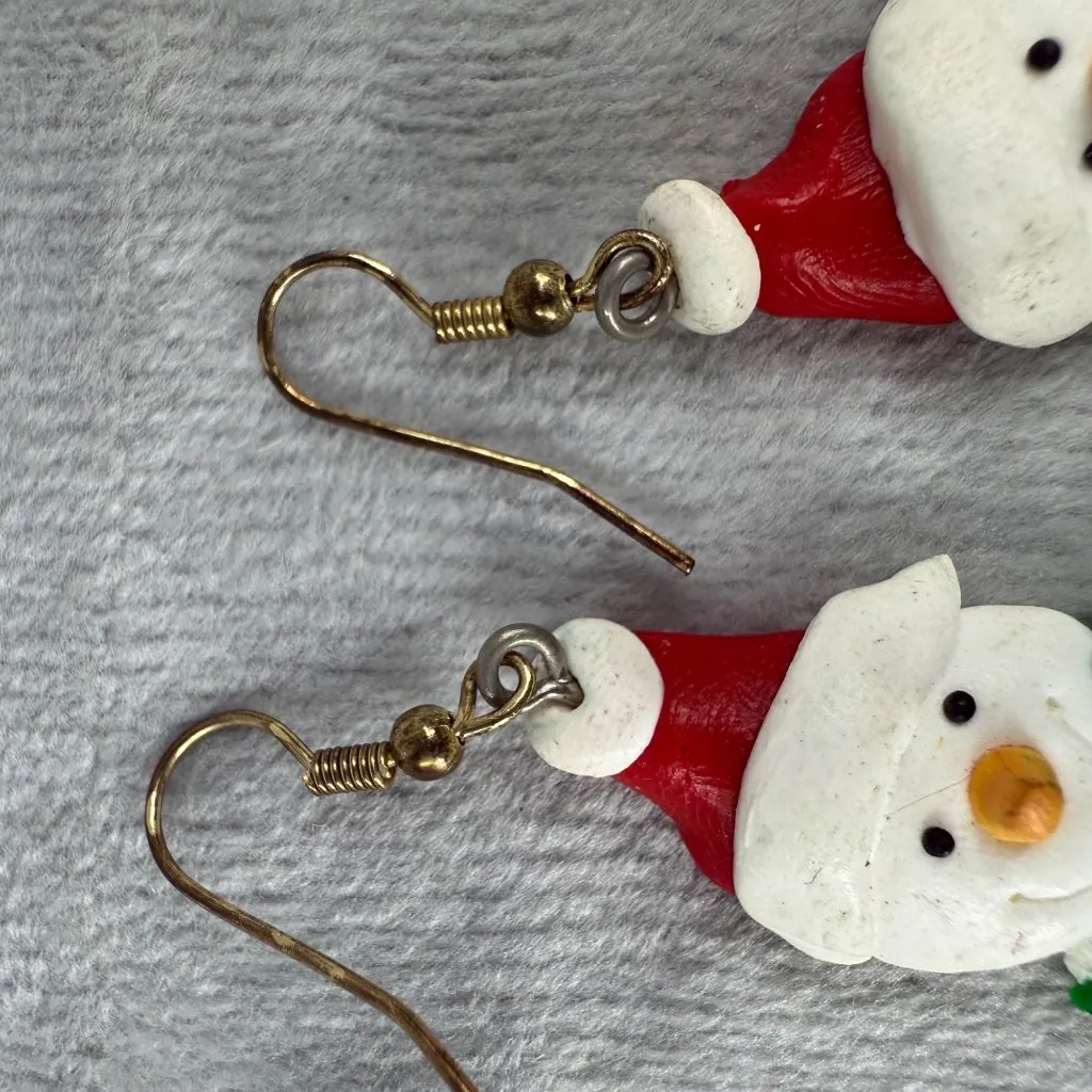 Snowman Christmas Earrings White Green Polymer Clay Dangly Hook Festive Jewelry - Image 5