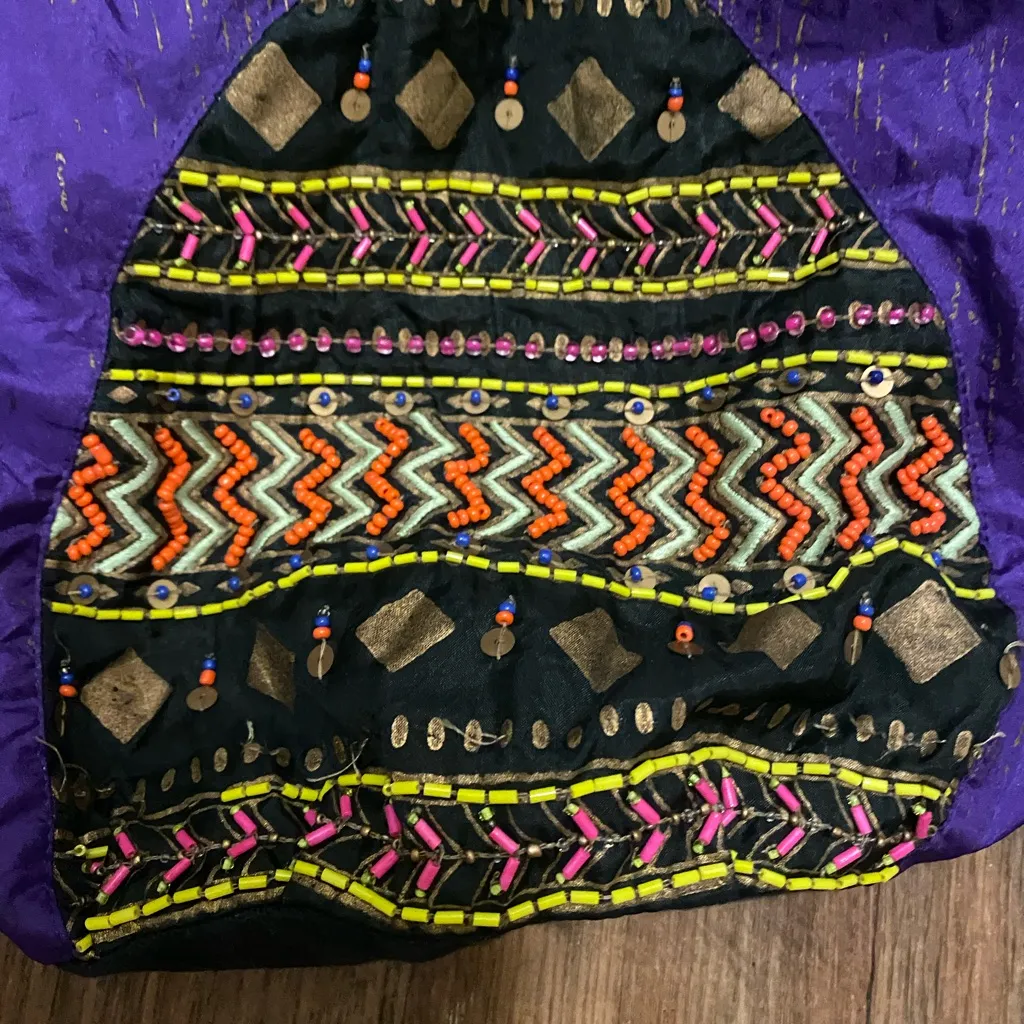 Zingara Shoulder Tote Beach Bag Purple Boho Beaded 15”H X 15”W X 7.5” Deep Black - Image 2