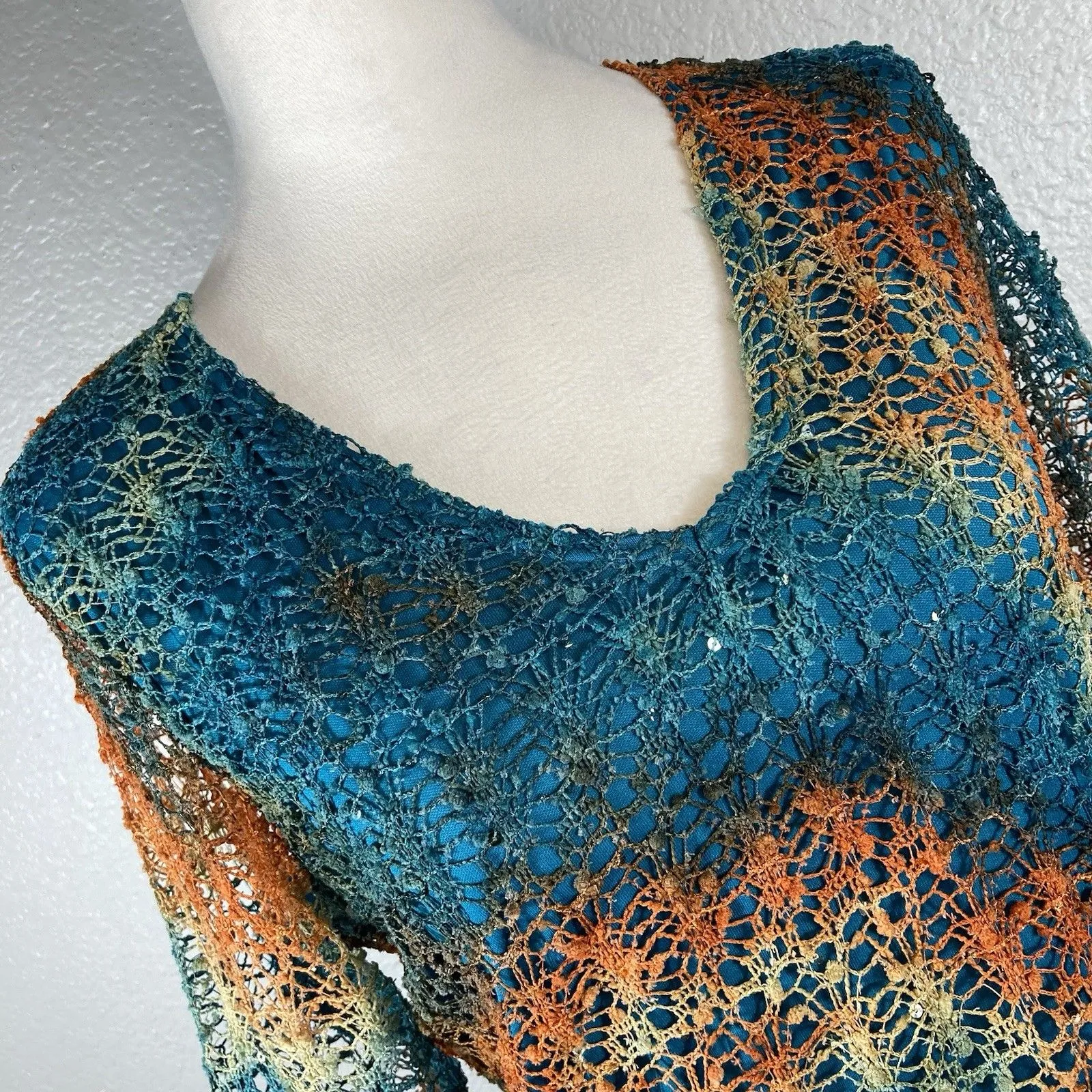 VTG Crochet Boho Top L Blouse Shirt Sequin Gypsy Whimsical Fairy LS Only Nine Size L - Image 7