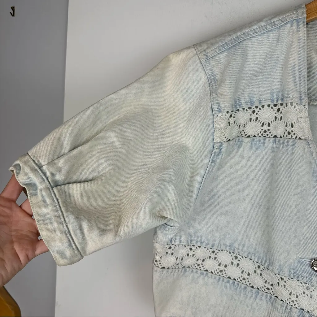 Vtg L.A. Blues Denim Button Up Puff Sleeve Top Sz Medium Lace Cottagecore - Image 8