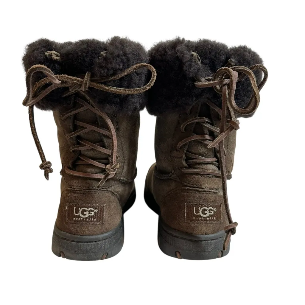 UGG Brown Sheepskin Fleece Topped Suede Boots Lace-Up Back Size 7 - Image 5