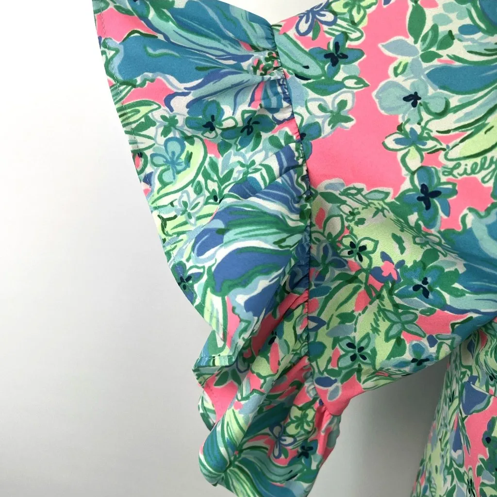 Lilly Pulitzer M Darlah Flutter Sleeve Top Soleil Pink Good Hare Day Blue Pink - Image 3