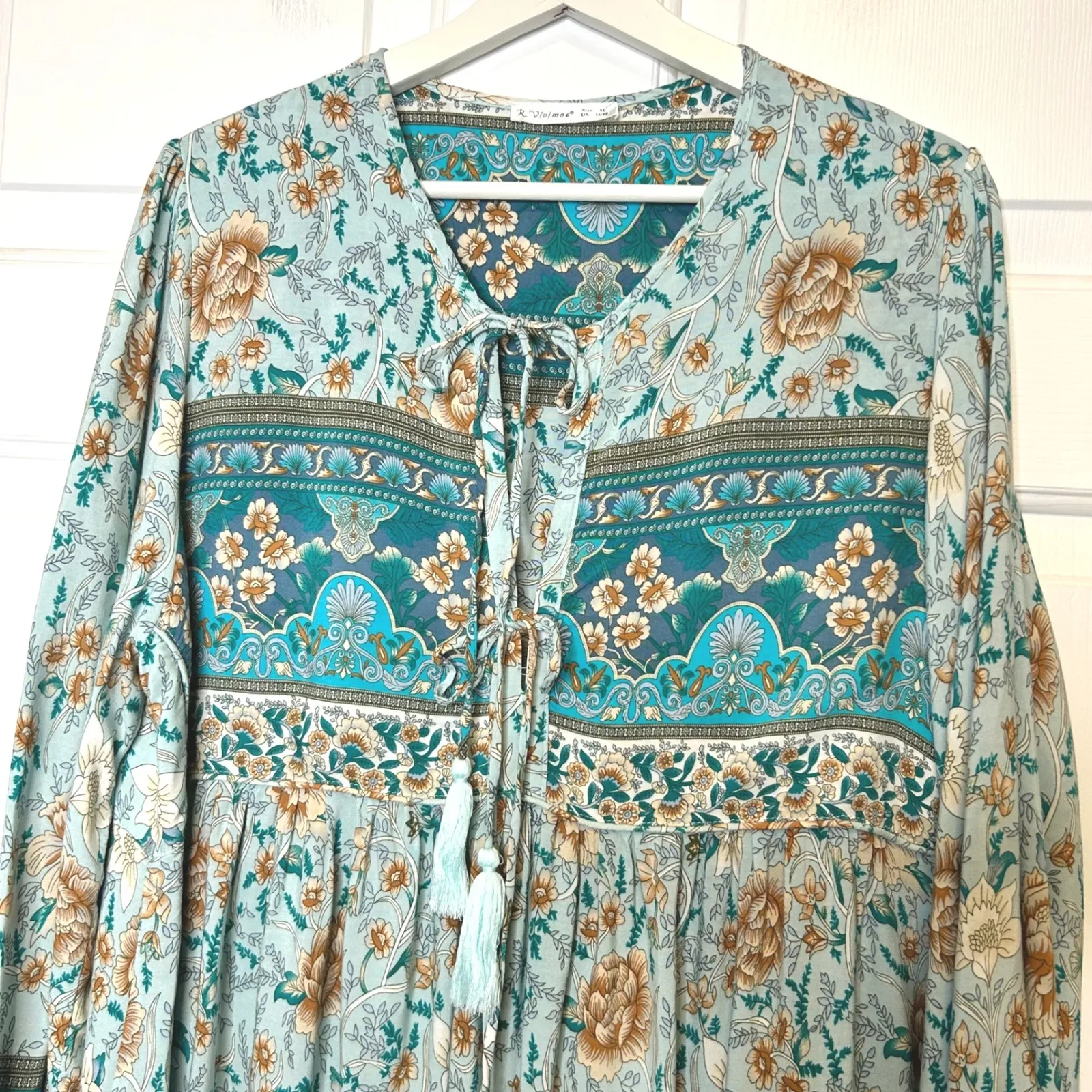 R. Vivimos Boho Floral Maxi Dress‎ Long Sleeve V Neck Tie Tassel Empire Waist Blue Size XL - Image 5
