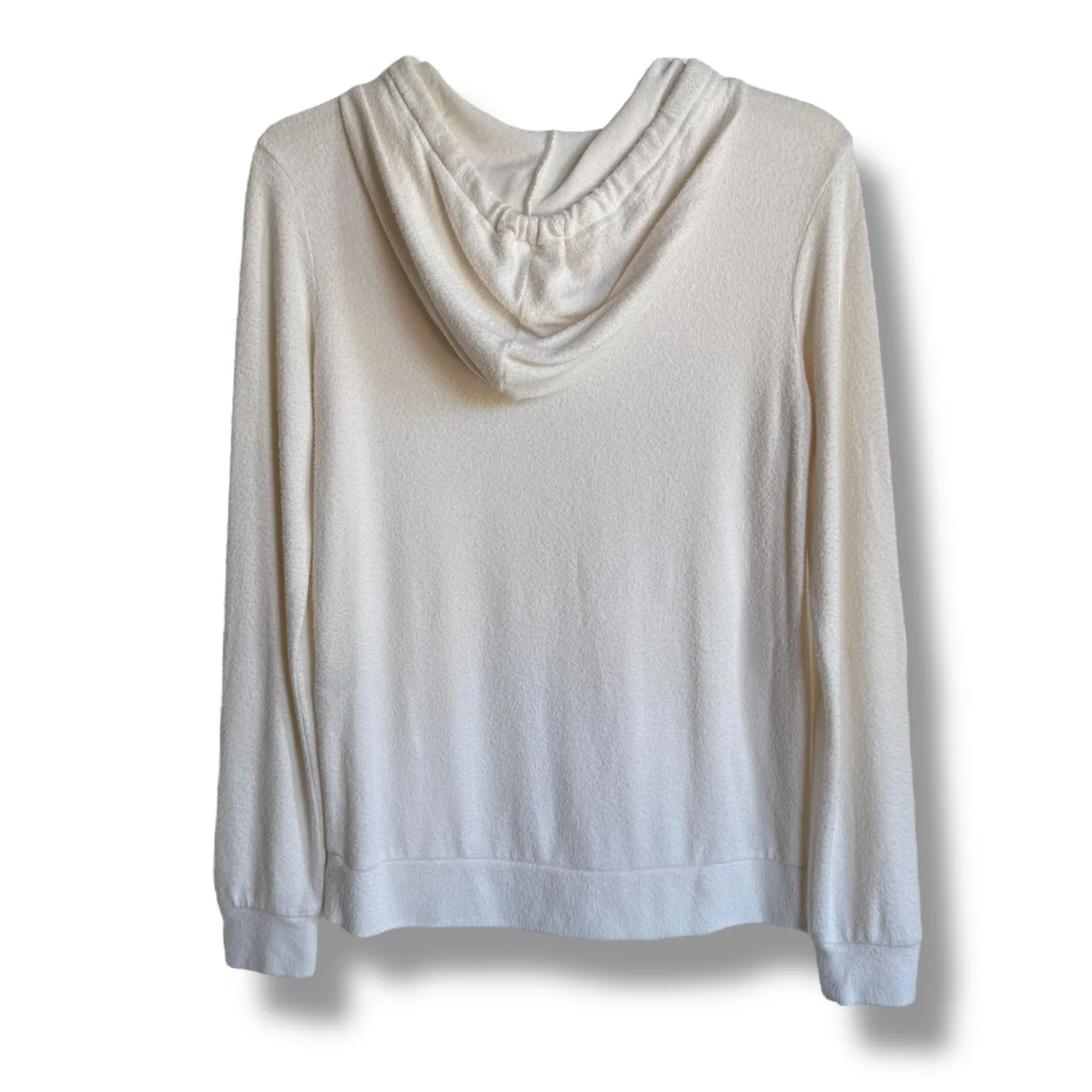 Forever 21 Womens Hoodie Cream Fuzzy‎ Soft Kangaroo Pocket Drawstring Small - Image 4