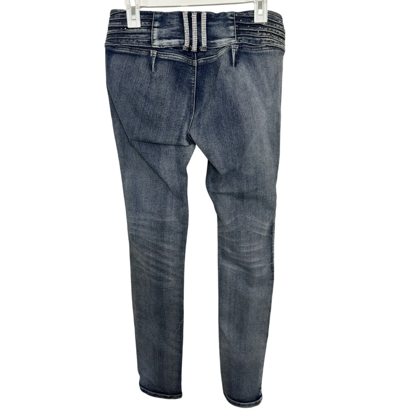 VTG Y2K Low Rise Bare Back Rhinestone Bling Denim Jeans Size 7/8 00s Grunge Blue - Image 2