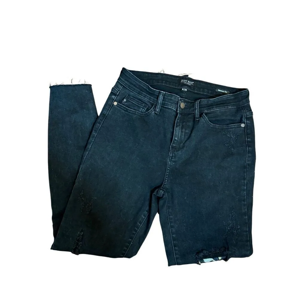 Judy Blue Jeans Women's 9/29 Distressed Black Leopard Patch Mid Rise Skinny Jean - Image 7