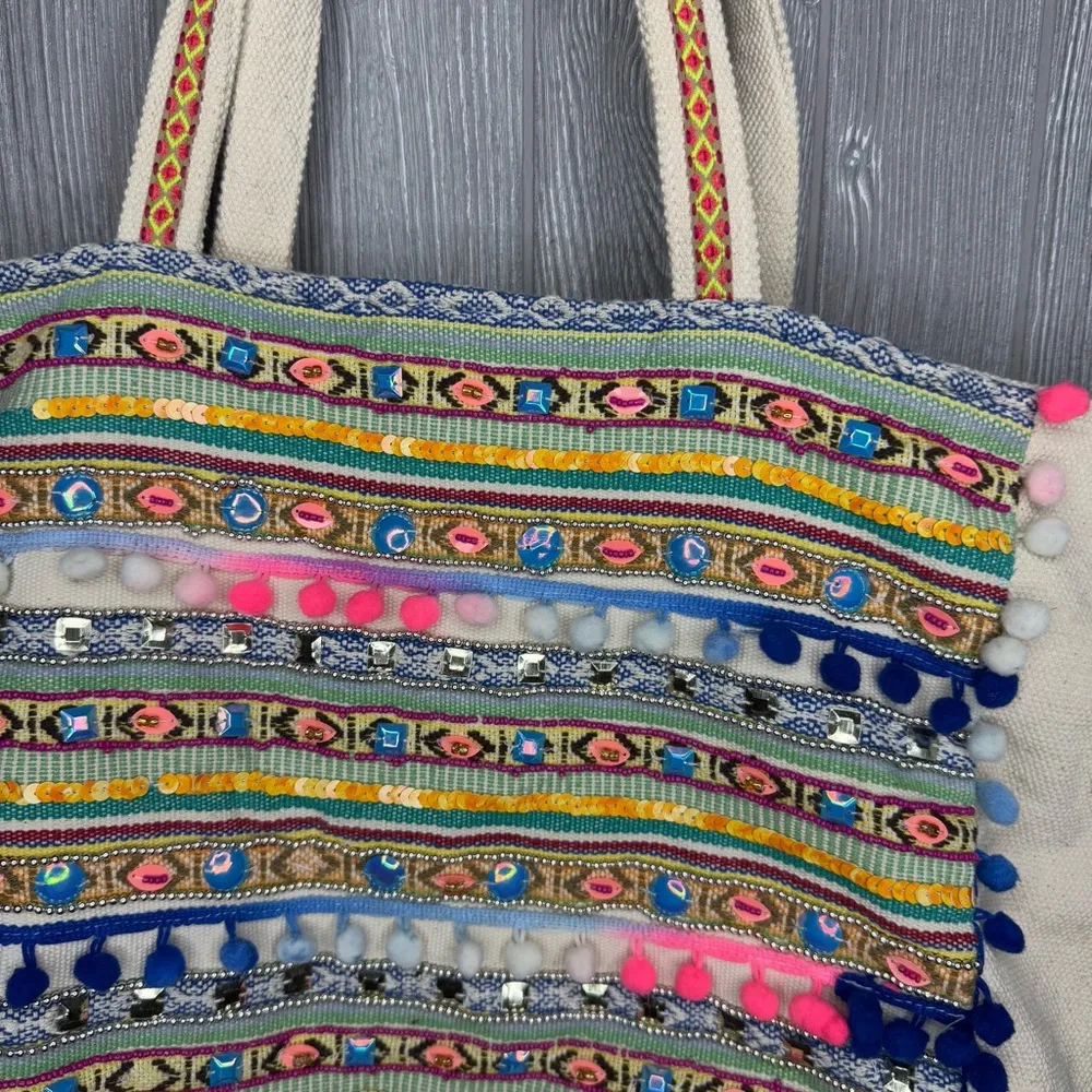 America and beyond colorful rainbow Pom Pom tassel hand bag tote purse beach bag Pink - Image 2