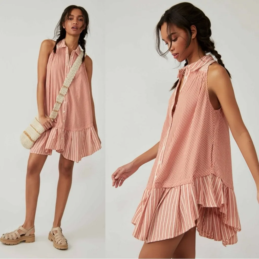 Free People Striped Ruffles Be Real Tunic Dress Rust Size Large Bohemian Preppy - Image 7