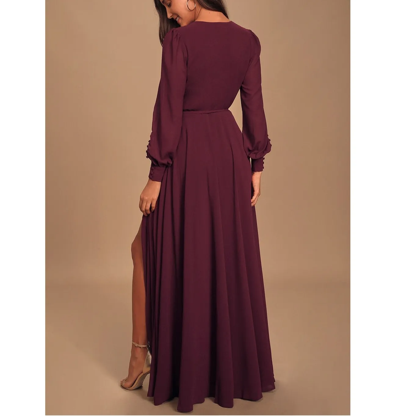 Lulus NWT My Whole Heart Plum Long Sleeve Balloon Sleeves Wrap Maxi Dress XL - Image 6