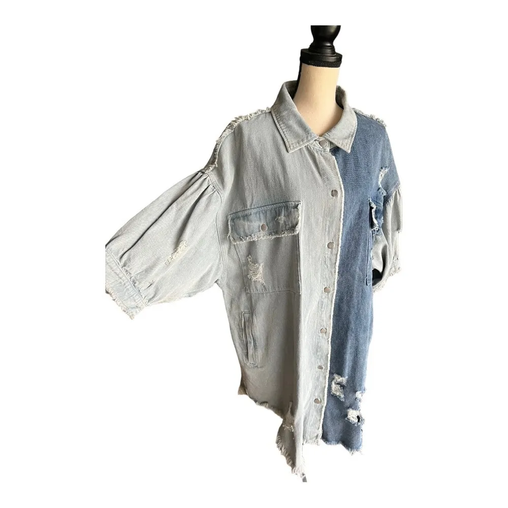 POL Oversize Two Tone Blue Distressed Denim Jacket  Size S - Image 7