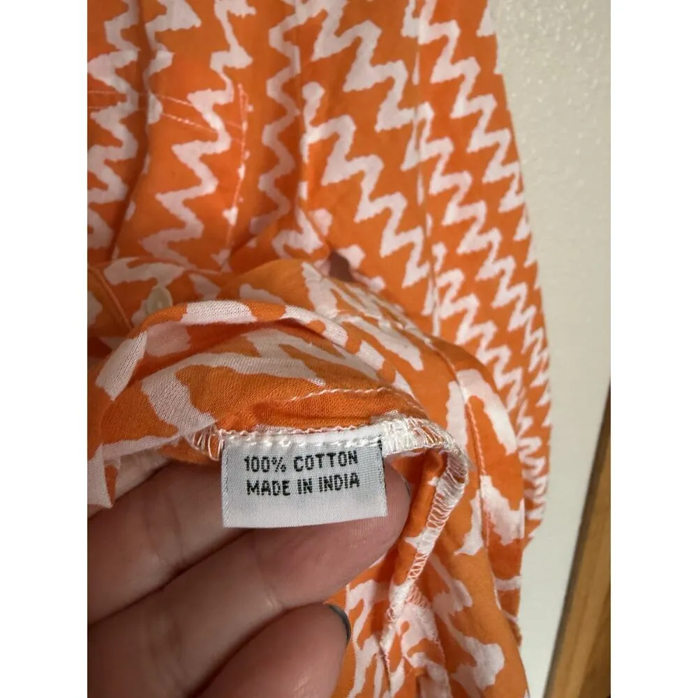 Roberta Roller Rabbit Button Front Tunic Top Medium Orange White Cotton Zigzag - Image 3
