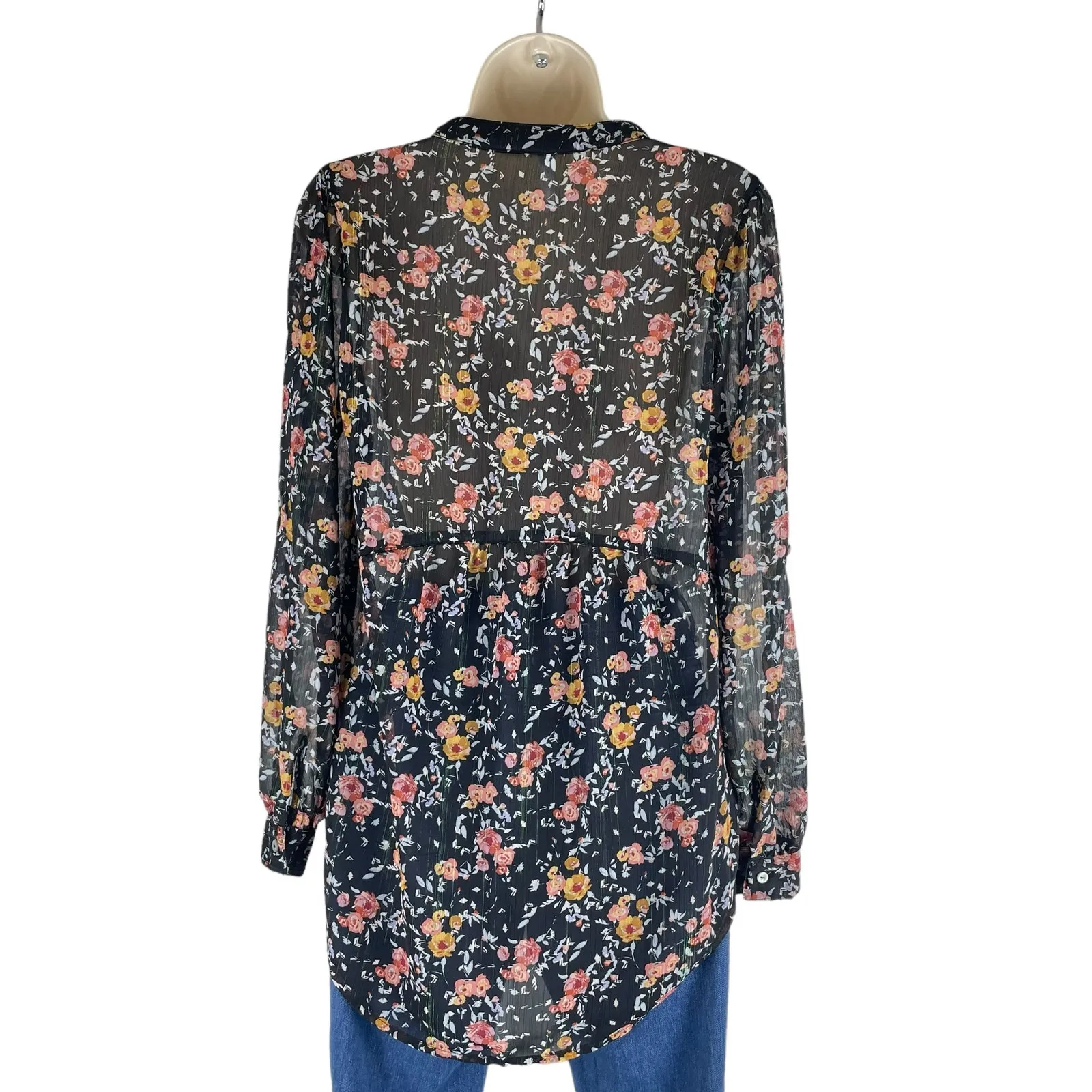 Xhilaration Floral Lace Up Sheer Top Blouse Black Size XS - Image 7