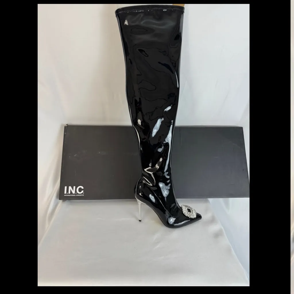 INC High Boots Black Glossy Over the‎ knew Size 5.5 - Image 11