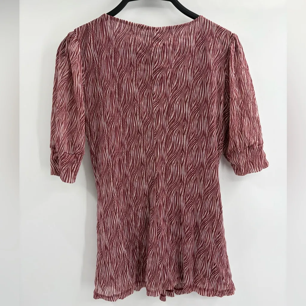 Y2K Twist Front Deep 2000s retro V Blouse Zebra Print Maroon Puff Sleeve Top xs Red - Image 10