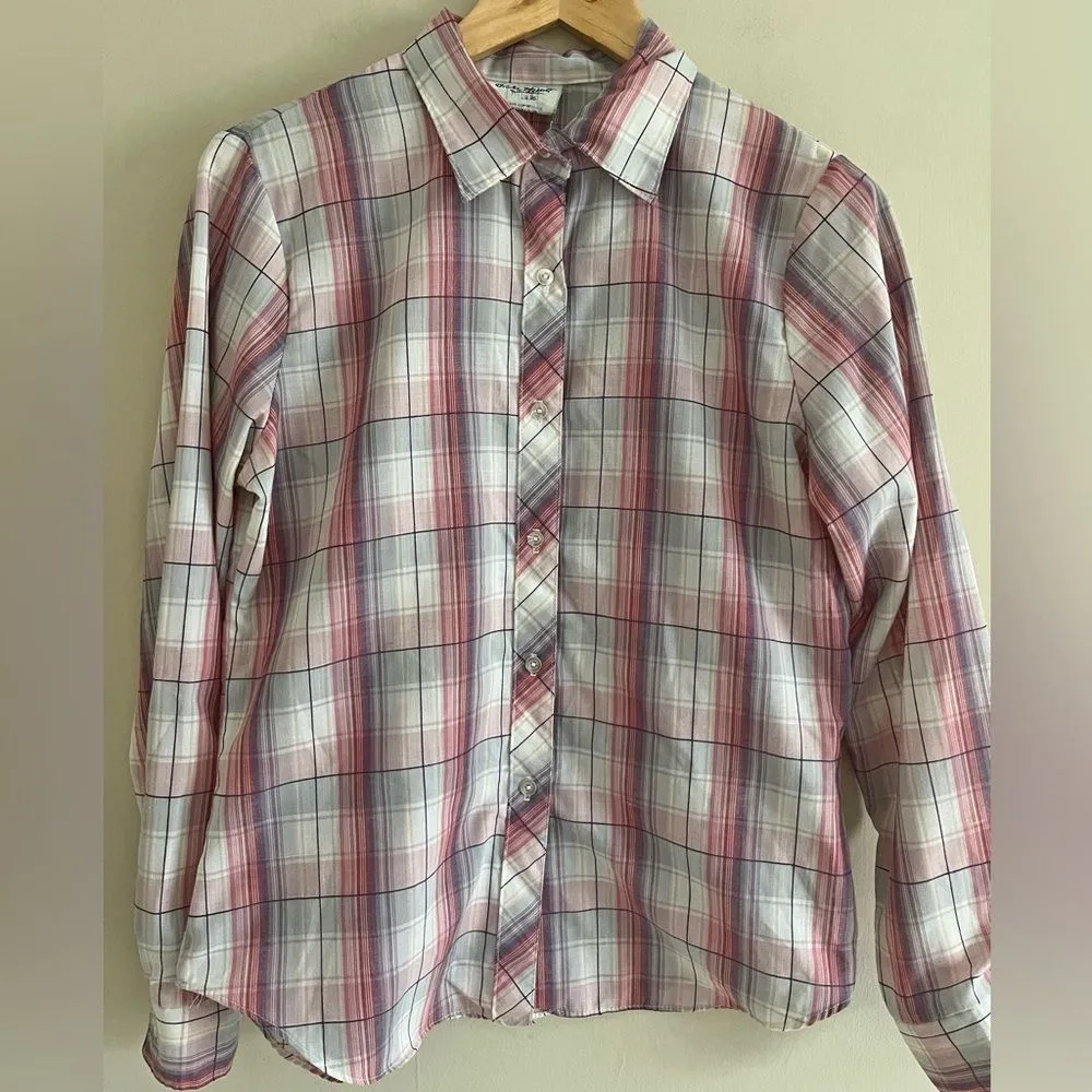 Vintage Shirt Accent Plaid Blouse Pink Gray White Sheer Button Up Top 36 Purple - Image 2