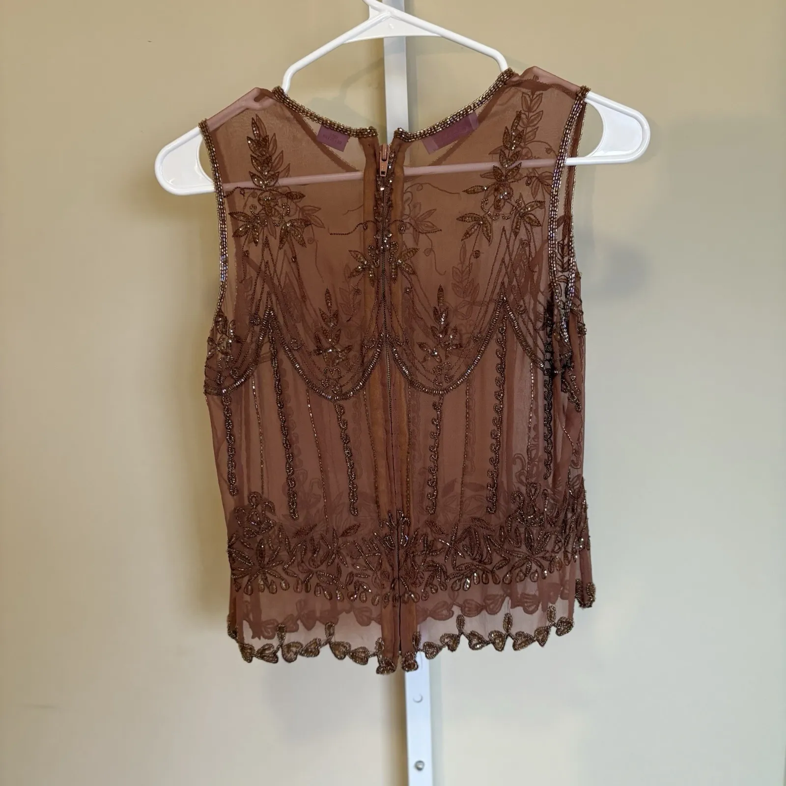 Calypso Brown Silk Beaded Top Medium‎ Sleeveless Feminine Dainty Elegant Formal - Image 3