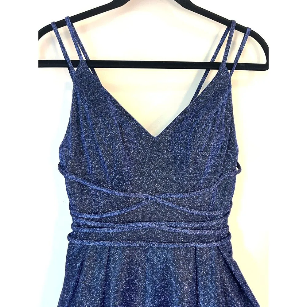 Let's Prom Cinderella Shimmery Blue Dress Mesh Details Corset Double Straps XS - Image 3