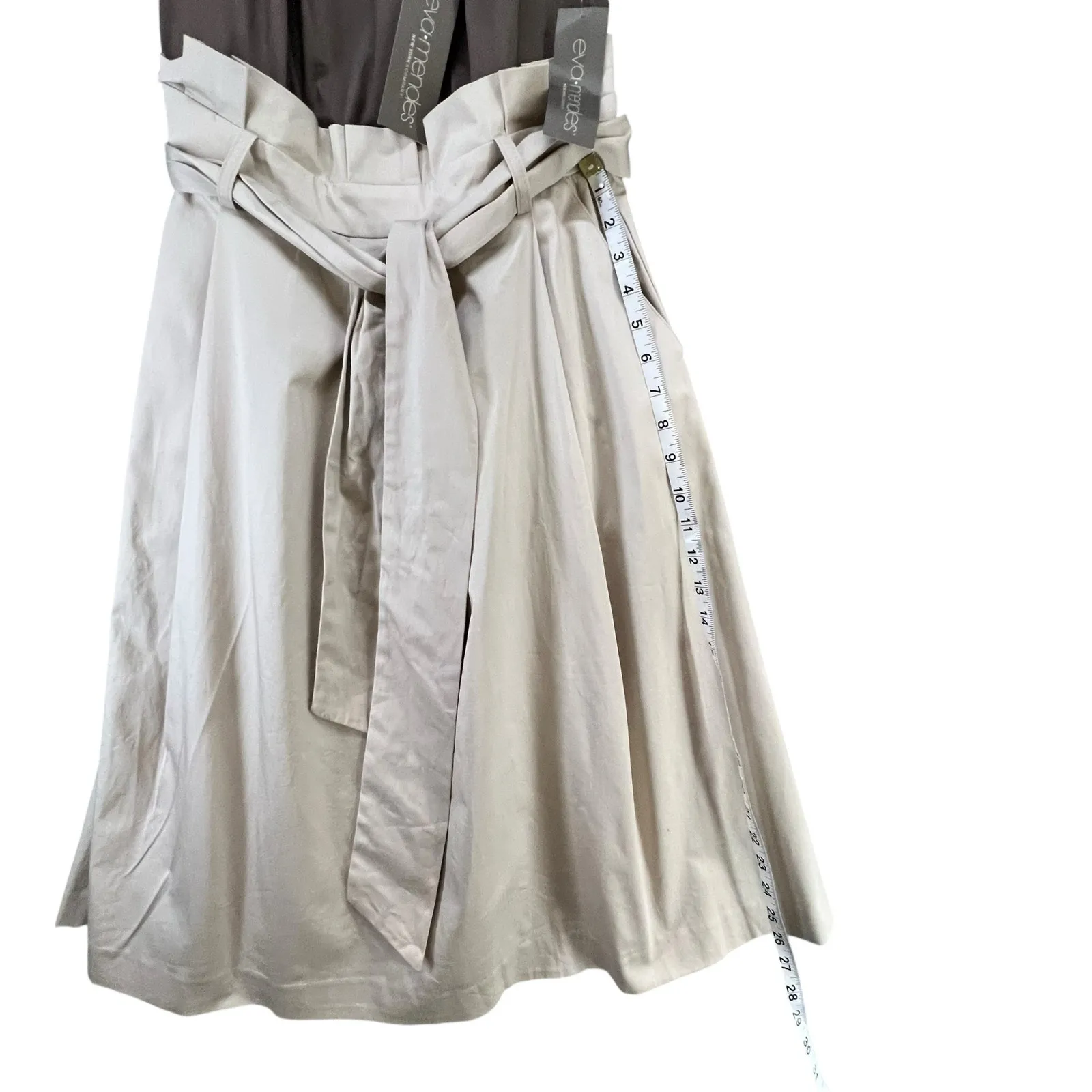 Eva Mendes NYC Midi Dress XS Brown Cream Off The Shoulder Belted Cottage Classic - Image 6