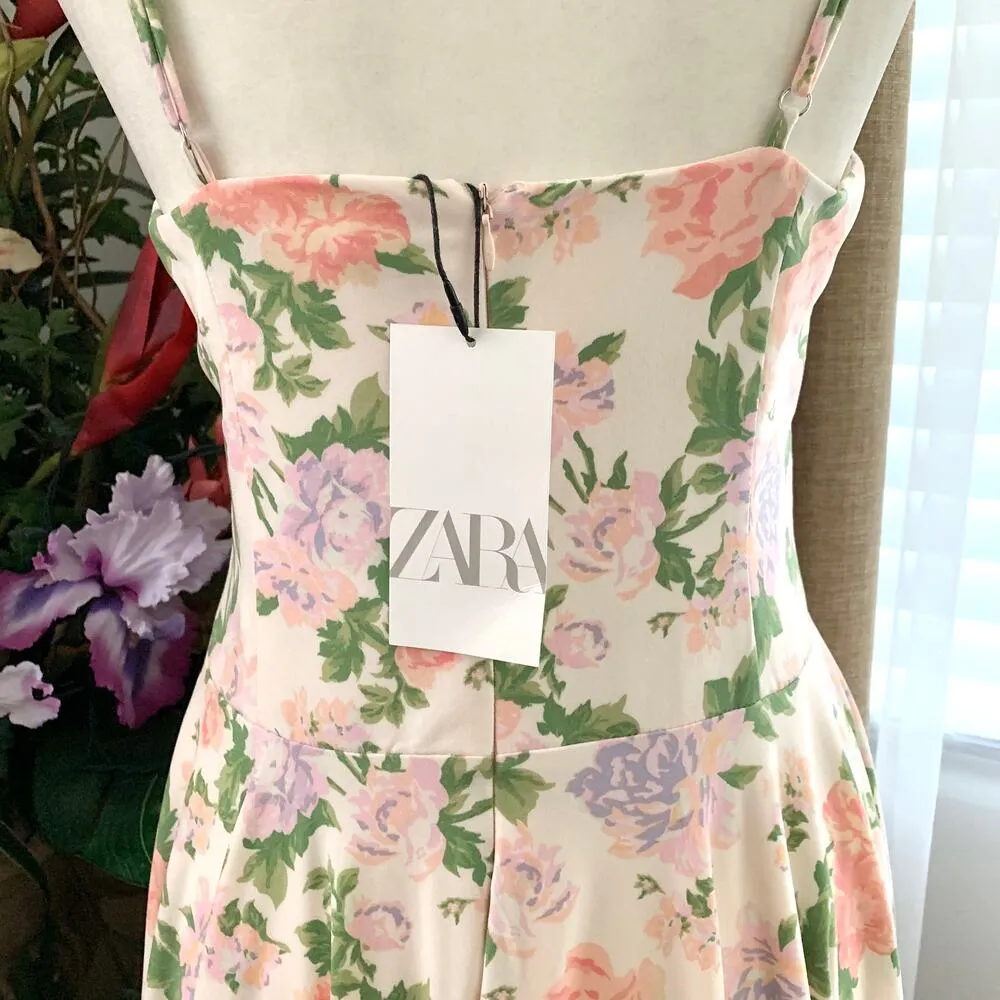 Zara Straight Neckline Spaghetti Strap Floral Mini Dress in Cream - Image 10