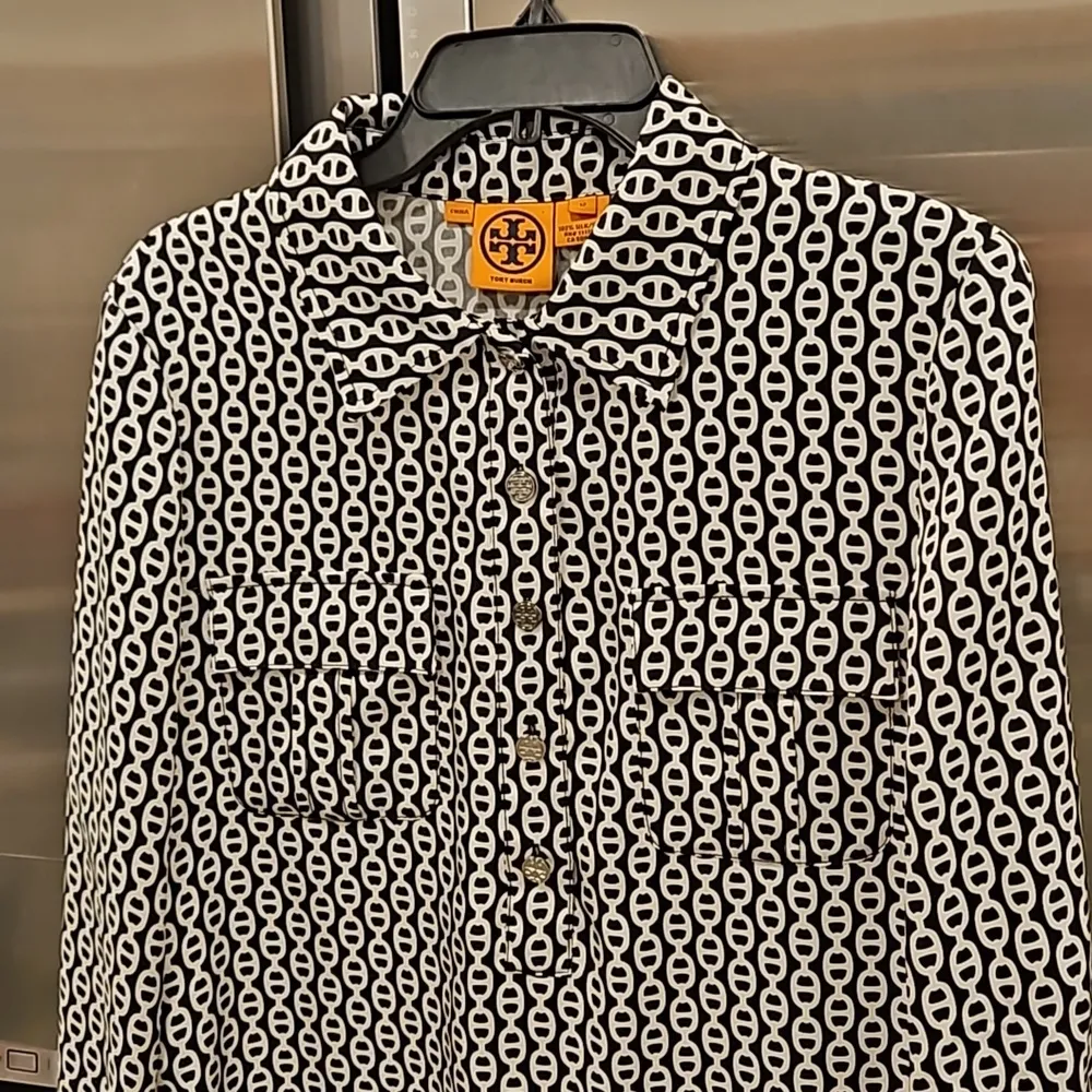 💕TORY BURCH💕 Long Sleeve Button Front Shirt Dress ~ 12 Geometric Chain Print - Image 3