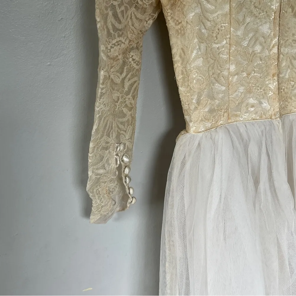 Vintage Lace Neckline Tulle Long Sleeve Princess Embroidery Dress Small 4 Cream White - Image 7