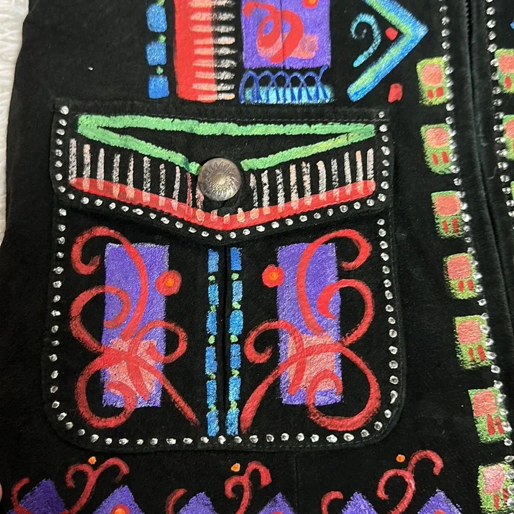 Vintage Handpainted Leather Vest Sz S Purple - Image 9