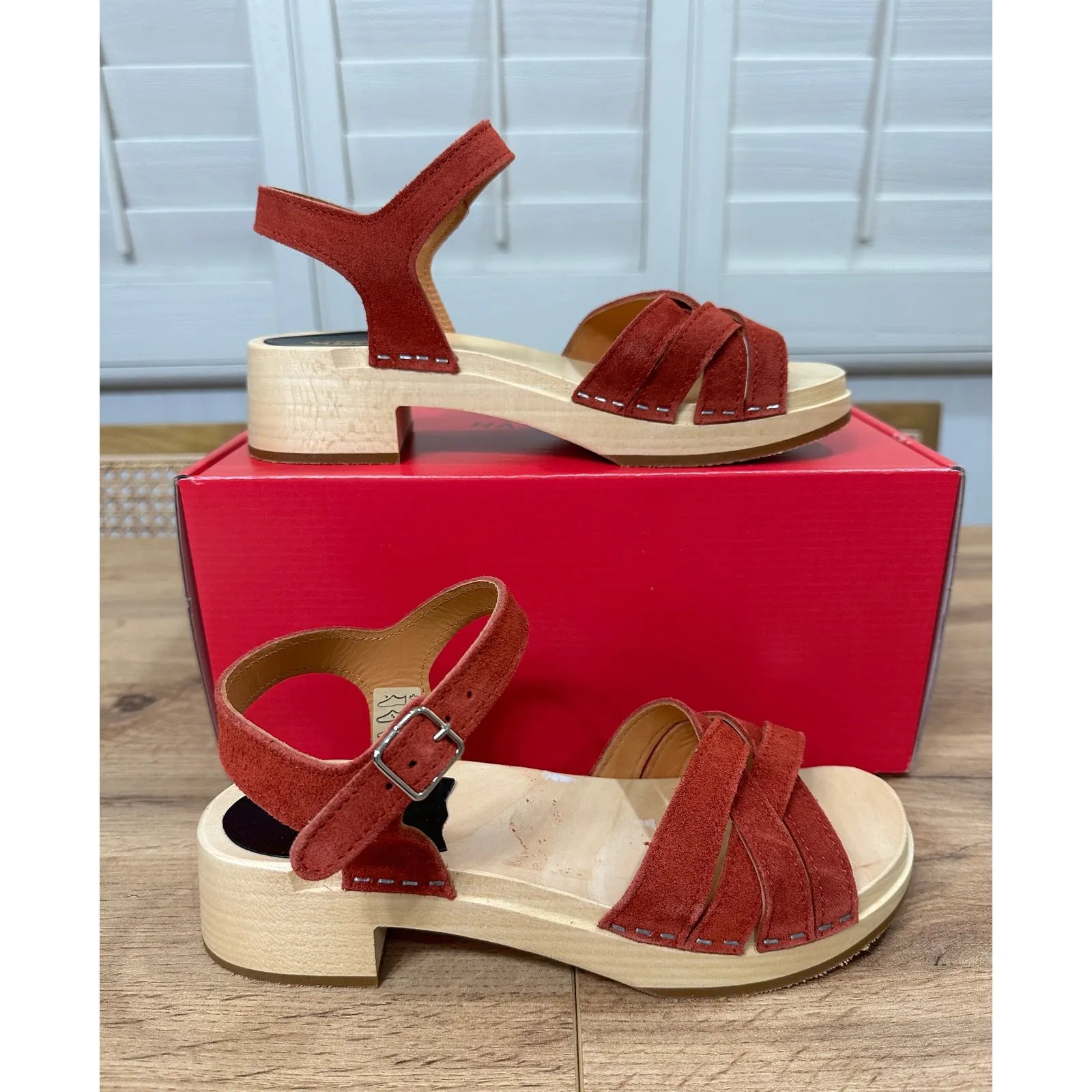 Swedish Hasbeens New Braided Sandals Red Rost Suede Size 6 US 36 EU NIB Classic - Image 2