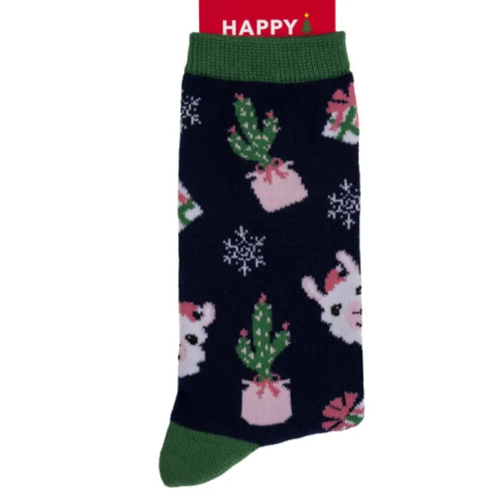 Happy Christmas Cacti & Llamas Crew Socks - Image 2