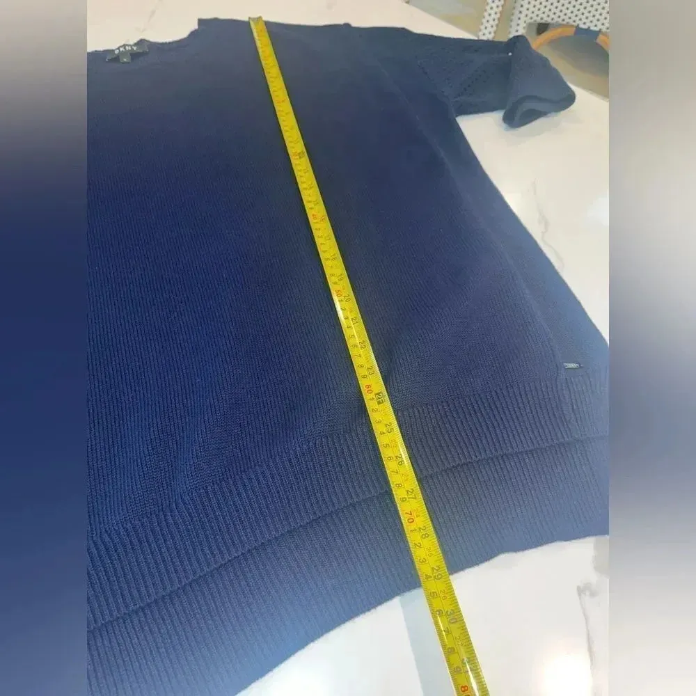 NWOT DKNY Navy 100% Cotton Crochet Sleeve Sweater Sz XL Blue - Image 13