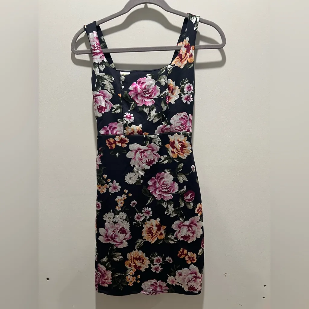 AQUA Floral Bodycon Dress XS Navy Pink Square Neck Bloomingdale’s NWT - Image 3