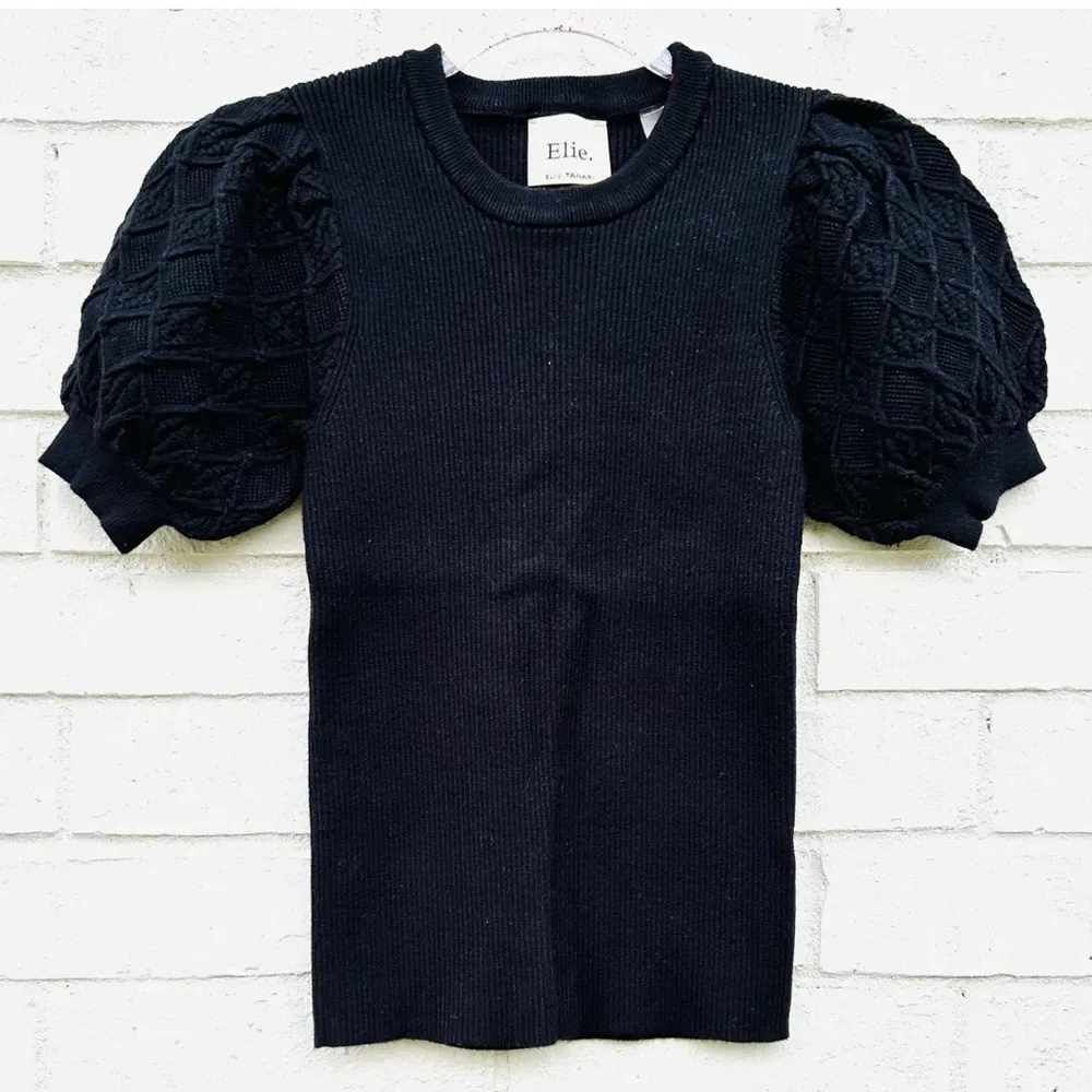 NWT Elie. Elie Tahari Puff Sleeve Ribbed Knit Sweater Black Short Sleeve Size XS - Image 4