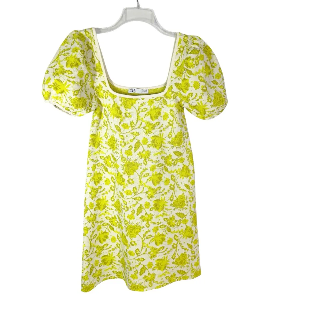 Zara Jacquard Knit Floral Puff Sleeve Mini Dress Citrus Yellow Green Size S - Image 7