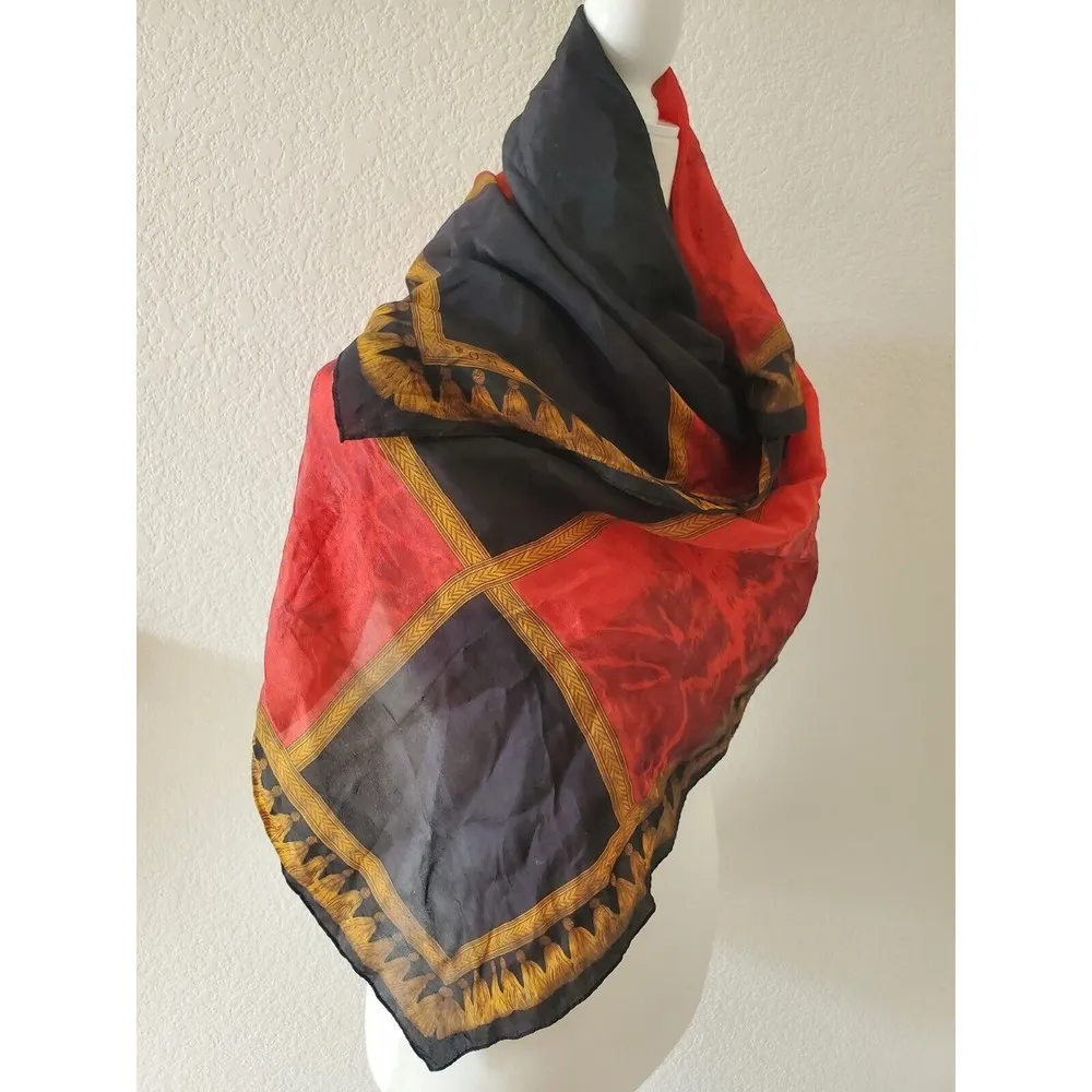 ECHO Scarf BAROQUE Squares Red Navy Blue Gold Tassle Print 100%‎ SILK w/Flaws - Image 5