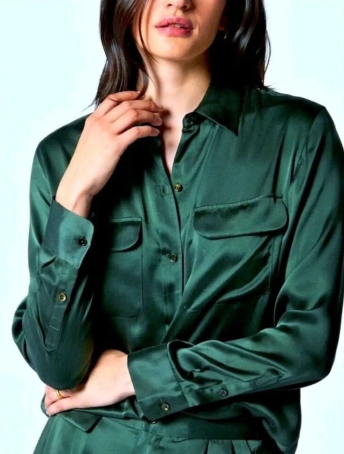 EQUIPMENT Emerald Green Satin Button Down Shirt Long Sleeve Pockets Size XL - Image 1