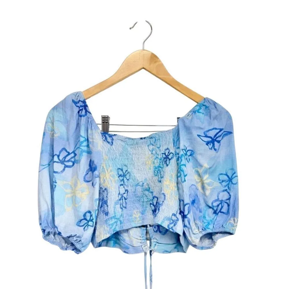 Wild Fable Cropped Top Size Small Floral Print Blue Puff Sleeve Shirt Womens - Image 2