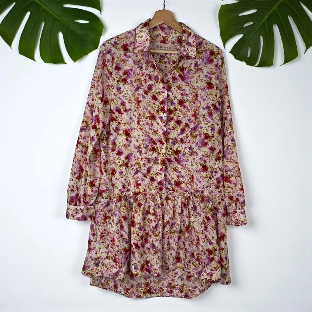 Philosophy Long Sleeve Drop Waist Floral Print Mini Shirt Dress - M | Medium - Image 5