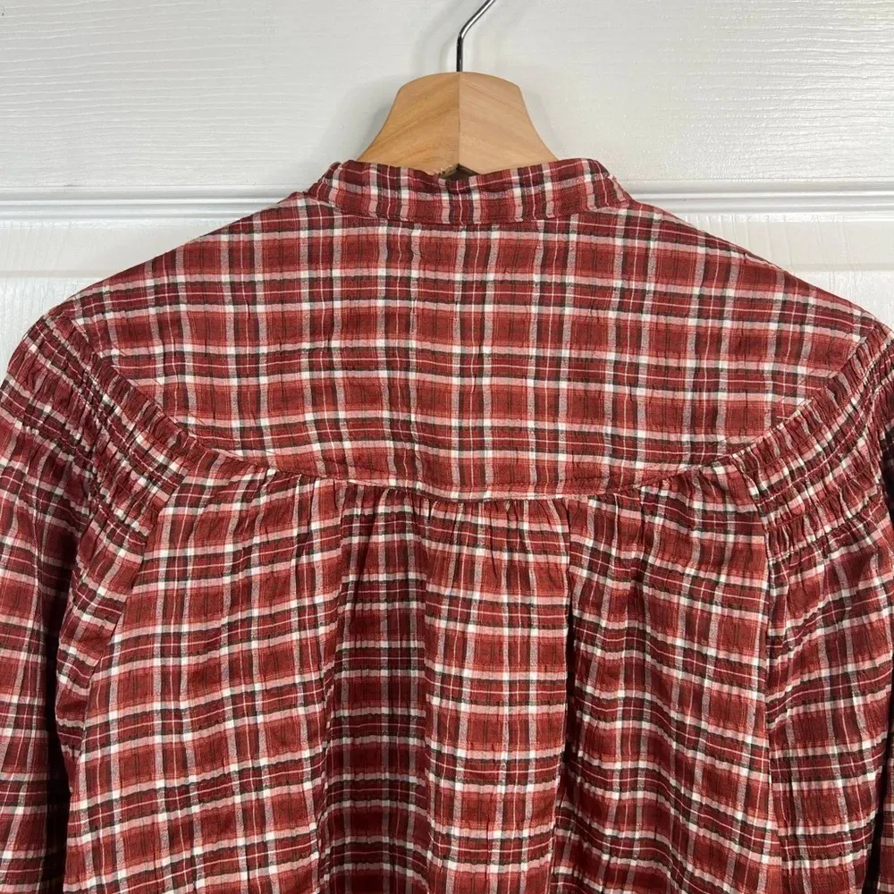 Treasure & bond brown white plaid Smocked shoulder V-neck blouse Size S - Image 8