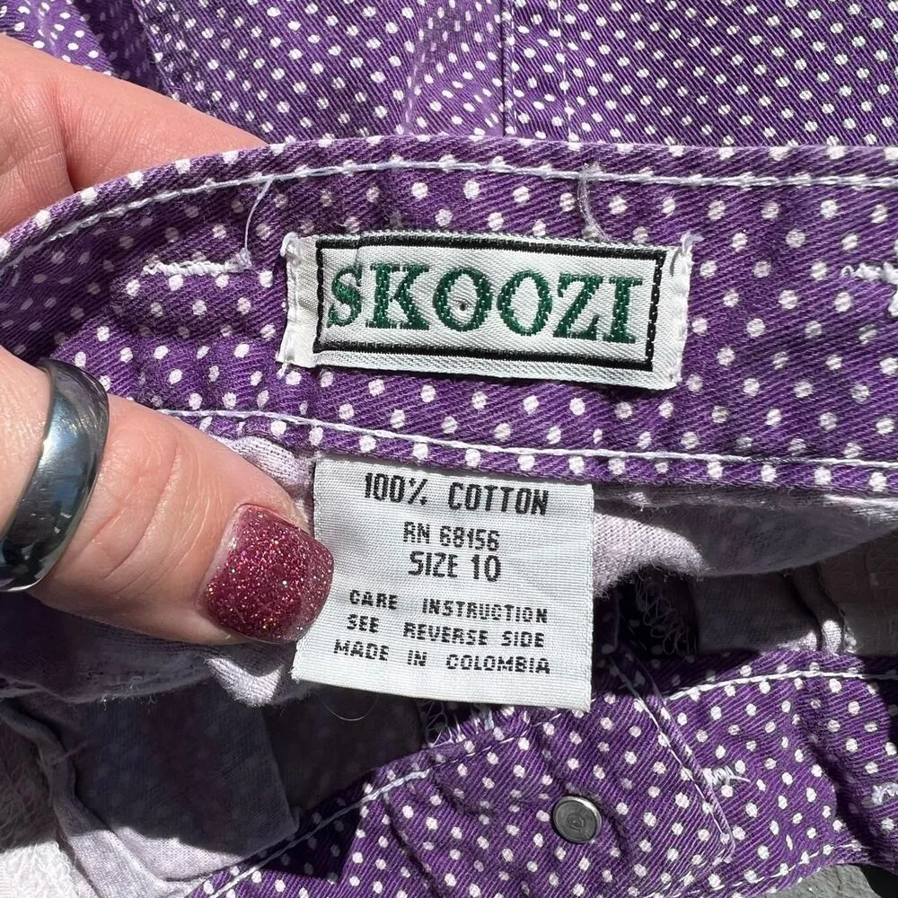 Vintage 80s Skoozi Purple White Dot Polka Hemmed Wide Leg Jean Shorts Size M - Image 2