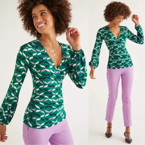 Boden • Elodie Jersey Wrap Top green surplice knit Forest Ribbons pink Size 8 - Image 2