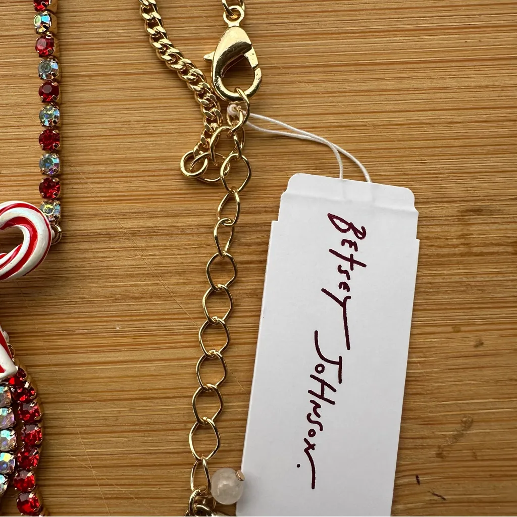 Betsey Johnson CANDY CANE BOW Necklace Gold Tone Red Crystal   New - Image 3