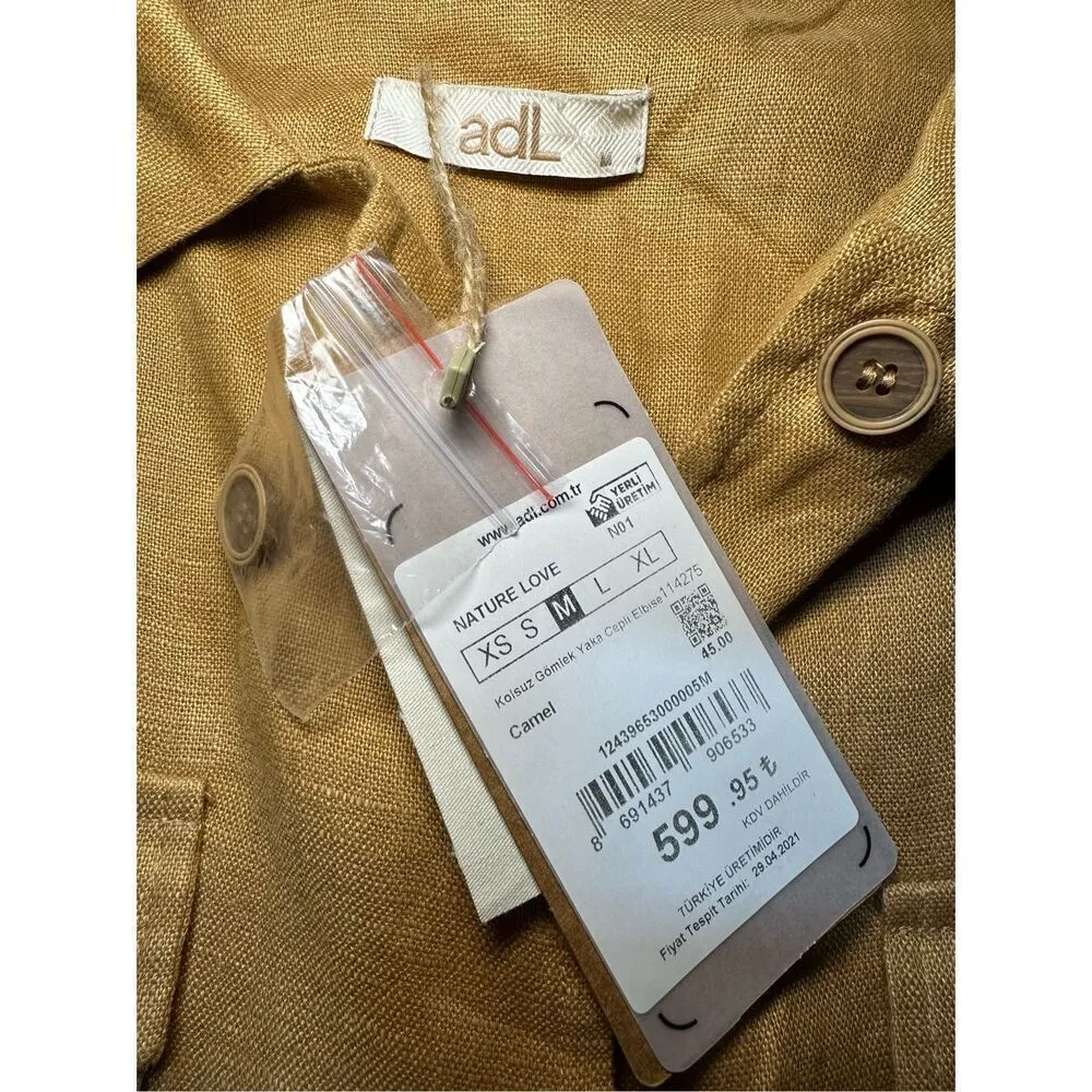 NEW adL womens linen button down midi dress cottage safari natural sz M in camel Tan Size M - Image 3