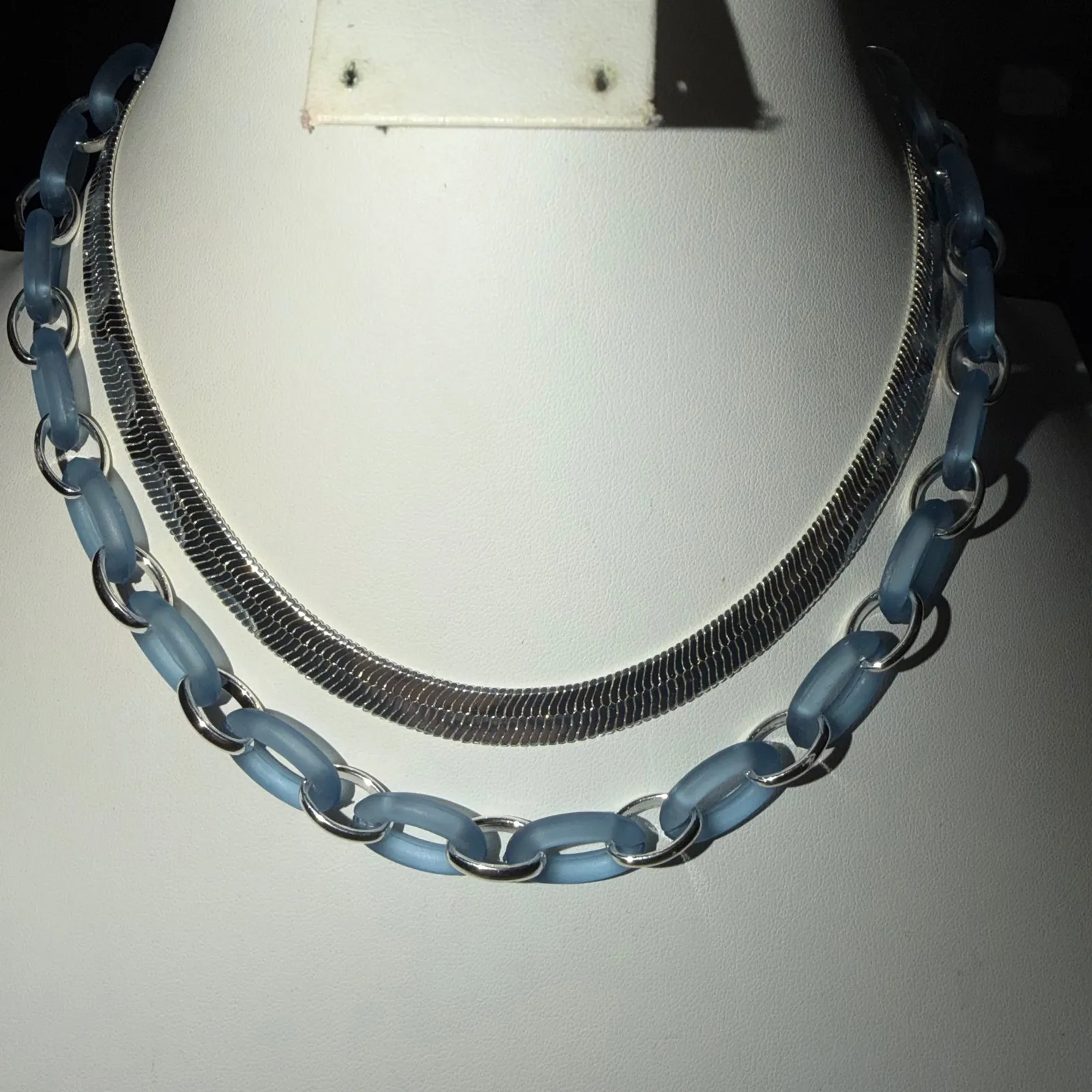 Thalia Sodi Layered Necklace Blue Acrylic Chain Silver Tone Snake - Image 6