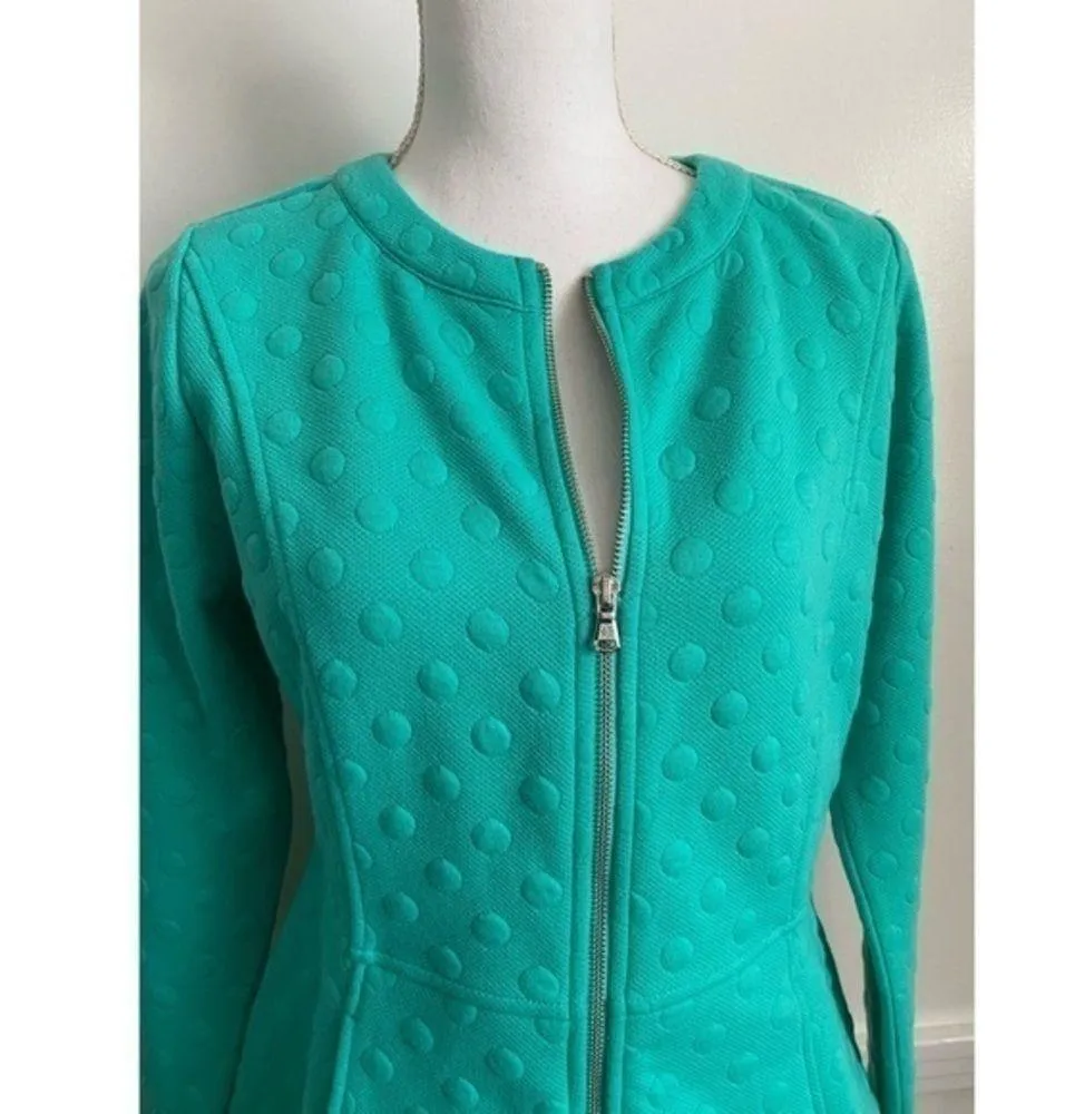 Isaac Mizrahi Live Teal Polka Dot Jacquard Zip Up - Image 5
