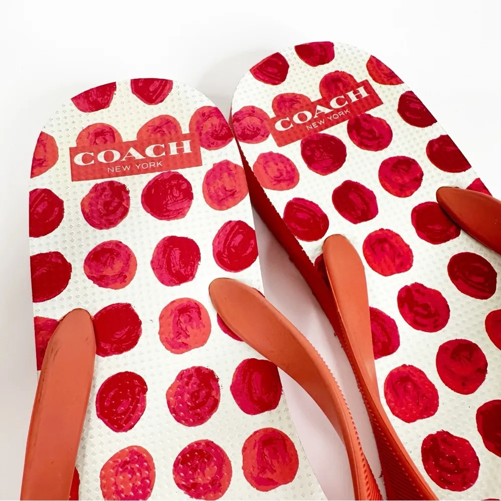 Coach Amel Coral/Orange Polka Dot Bow Flip Flops Size 8B - Image 5