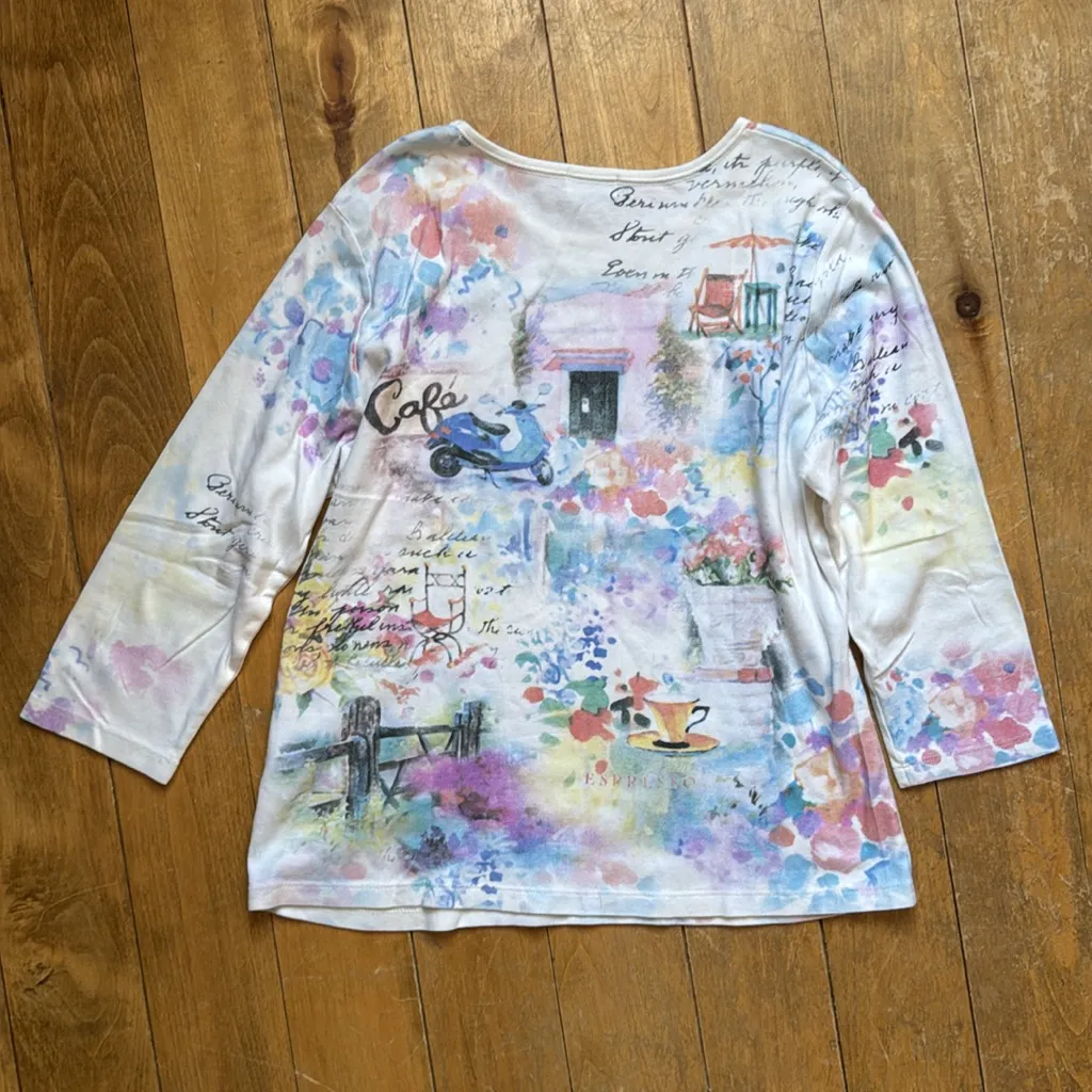 Cactus Allover Print Multicolor Cafe Graphic Long Sleeve Tee Large Blue - Image 5