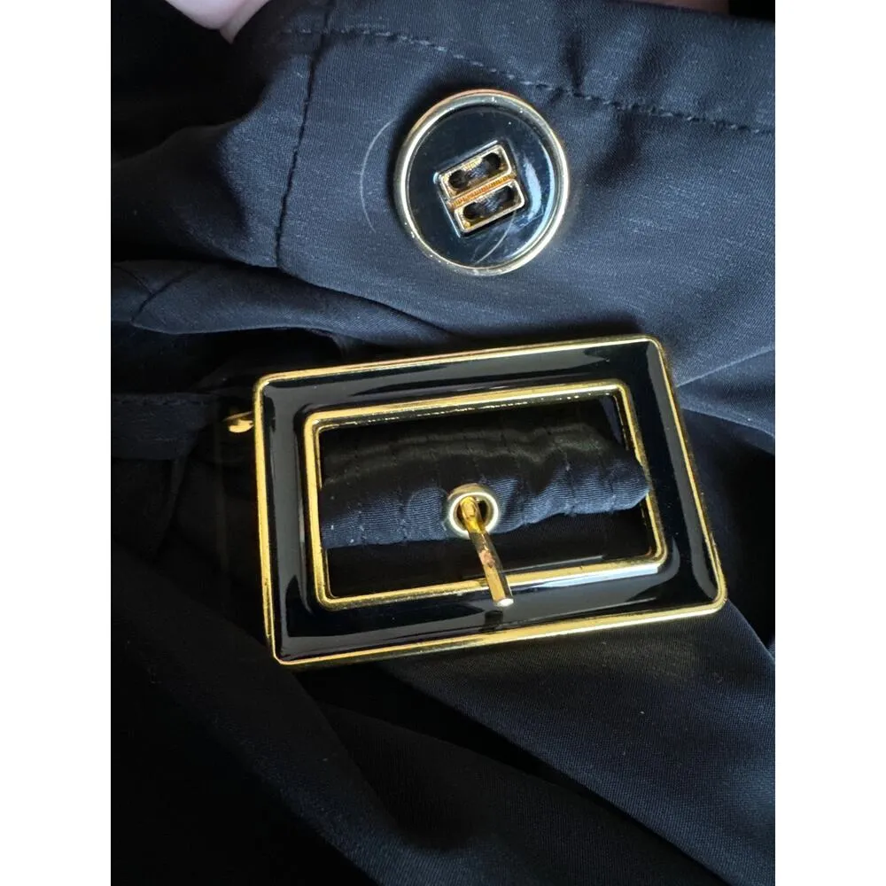 Kenneth Cole black trench coat with gold buttons and belt size medium - Image 11