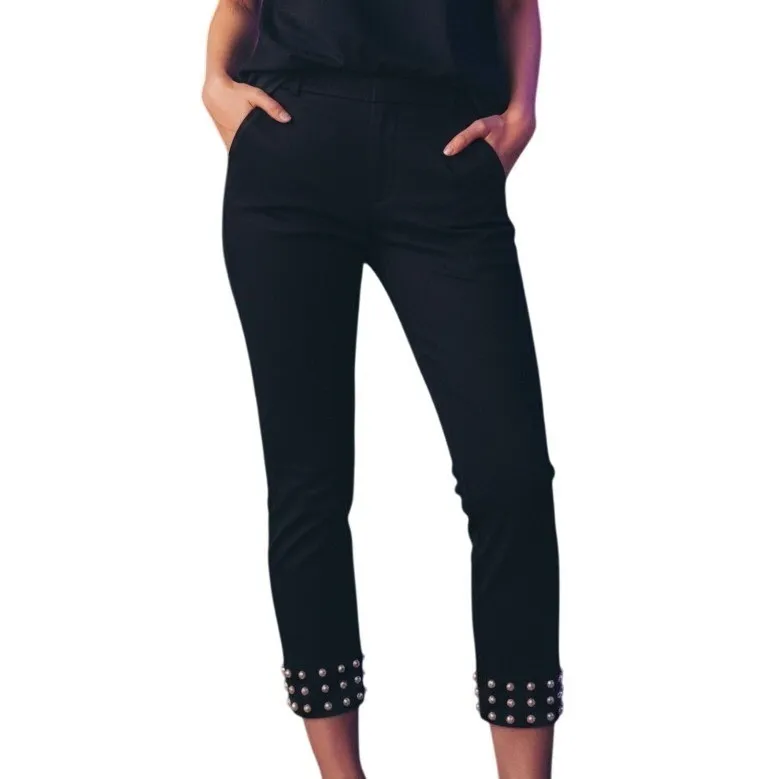 Zara Women Pearl Fringe Hem Black Ankle Pants Size M Chic Embellished Trousers - Image 3